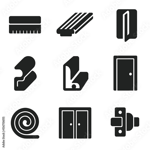 Soundproof Door Icon Set. Solid, filled icons set of soundproofing door components: door sweep, threshold