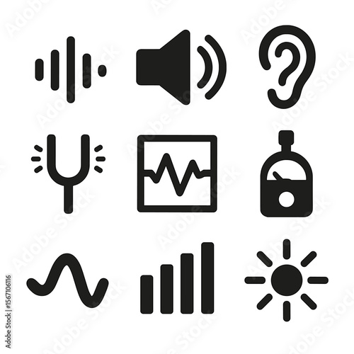 Sound Wave Icon Set. Solid, filled icons set of sound wave basics: sound wave, speaker, ear icon, tuning fork,