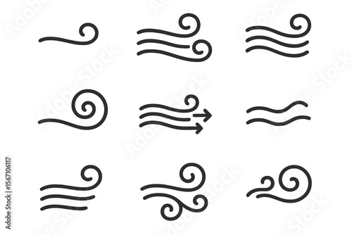 Vector set of 10 wind line icons. Clean black curves and swirls on white background. Ideal for breeze, airflow, weather, UI design.