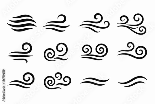 10 black line icons of wind. Elegant swirl and curve shapes on white. Perfect for breeze, air, weather symbols in vector style.