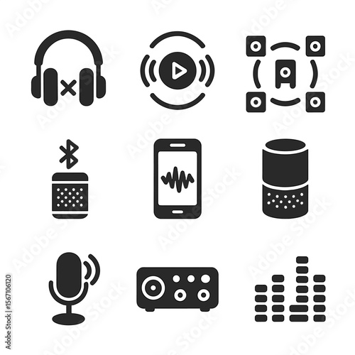 Sound Technology Icons. Solid, filled icons set of sound technology and innovation: noise-canceling headphones