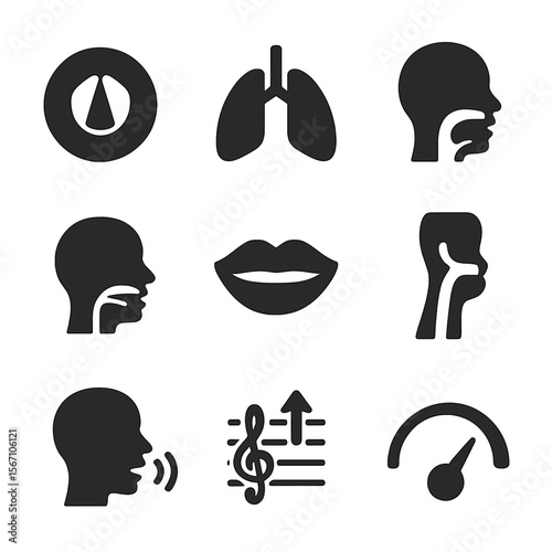Sound Production Icons. Solid, filled icons set of sound production mechanisms: vocal folds, lungs, mouth