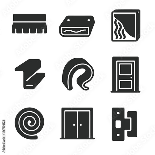 Soundproof Door Icon Set. Solid, filled icons set of soundproofing door components: door sweep, threshold