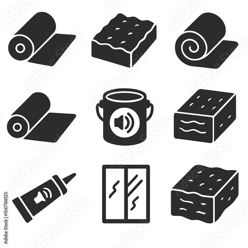 Soundproof Materials Icons. Solid, filled icons set of soundproof materials: mass loaded vinyl, dense foam,