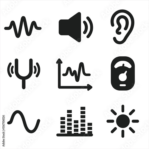 Sound Wave Icon Set. Solid, filled icons set of sound wave basics: sound wave, speaker, ear icon, tuning fork,
