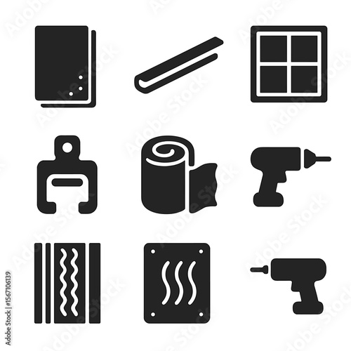 Soundproofing Icons Set. Solid, filled icons set of soundproofing walls and ceilings: drywall sheet, resilient