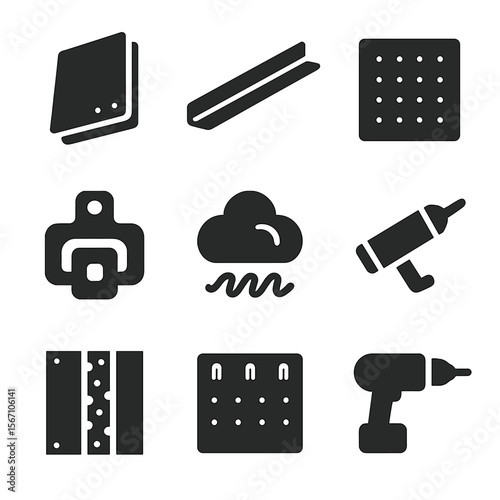 Soundproofing Icons Set. Solid, filled icons set of soundproofing walls and ceilings: drywall sheet, resilient