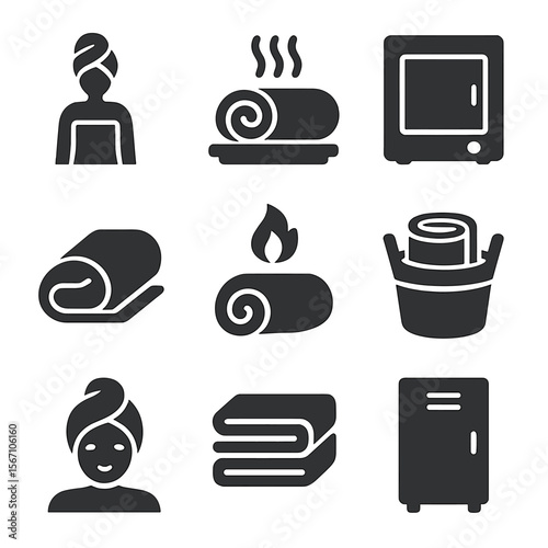 Spa Towel Icons. Solid, filled icons set of spa towel amenities: spa towel wrap, hot towel icon, towel heater,