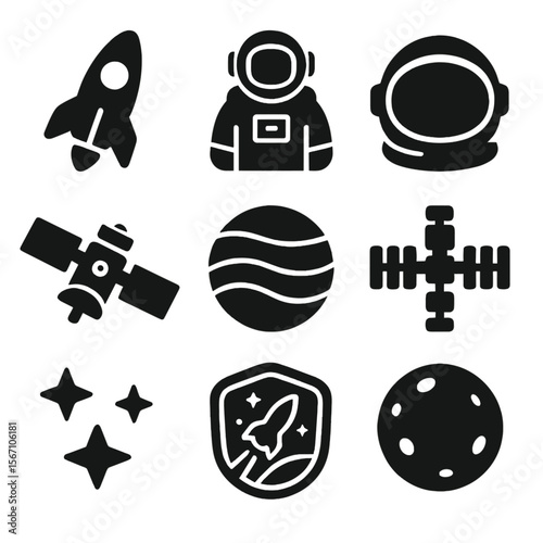 Space Exploration Icons. Solid, filled icons set of space exploration: rocket, astronaut, space helmet,