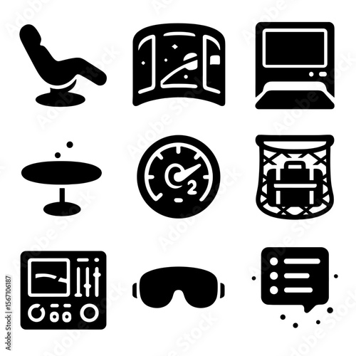 Space Capsule Interiors Icons. Solid, filled icons set of private space capsule interiors: reclining pod,