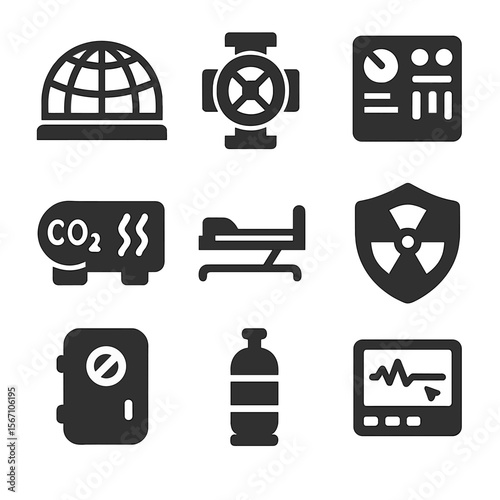 Space Habitat Icons. Solid, filled icons set of space habitat modules: pressurized dome, docking port, control