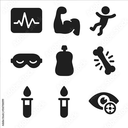 Space Biology Icons. Solid, filled icons set of human biology tests in space: heartbeat monitor, muscle icon,