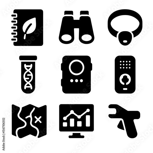 Species Research Tools. Solid, filled icons set of species monitoring and research: field notebook, binoculars