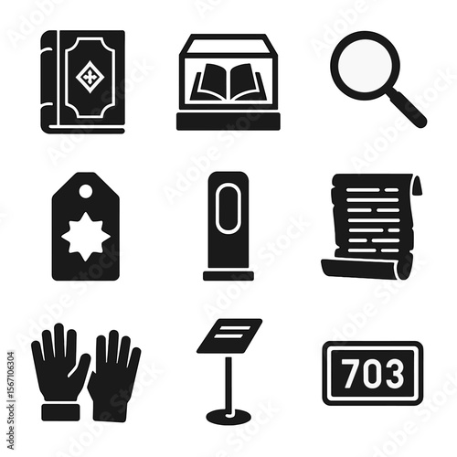 Special Collections Icons. Solid, filled icons set of special collections and rare books: leather-bound book,
