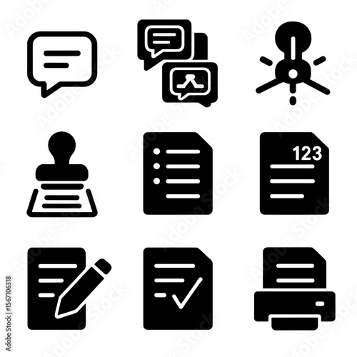 Speech Writing Icons. Solid, filled icons set of speech writing and organization: outline icon,