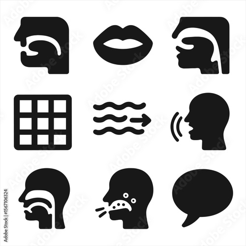 Speech Production Icons. Solid, filled icons set of speech production and phonetics: tongue position, lip