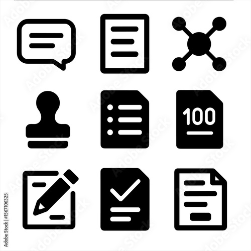 Speech Writing Icons. Solid, filled icons set of speech writing and organization: outline icon,