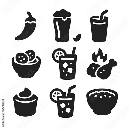 Spicy Food Icon Grid. Solid, filled icons set of spicy food and drink pairings: hot pepper icon, lager glass,