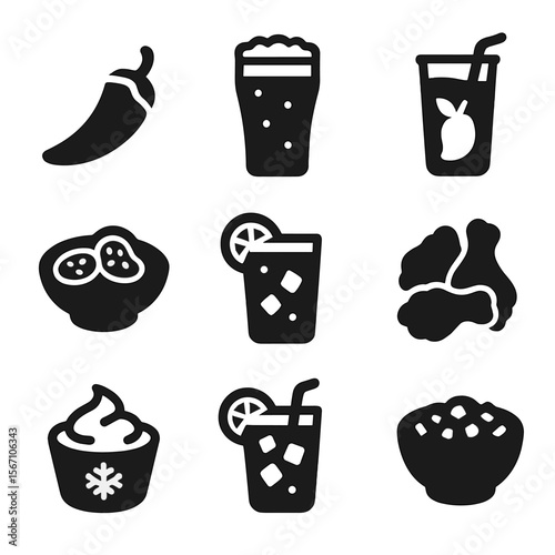 Spicy Food Icon Grid. Solid, filled icons set of spicy food and drink pairings: hot pepper icon, lager glass,