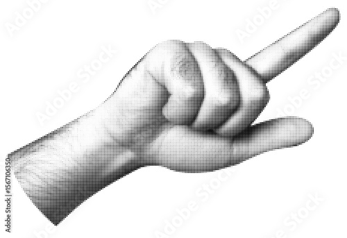Trendy halftone collage element man hand palm. Elements cut out hand indicates something important. Retro punk design for poster social media banner, flyer