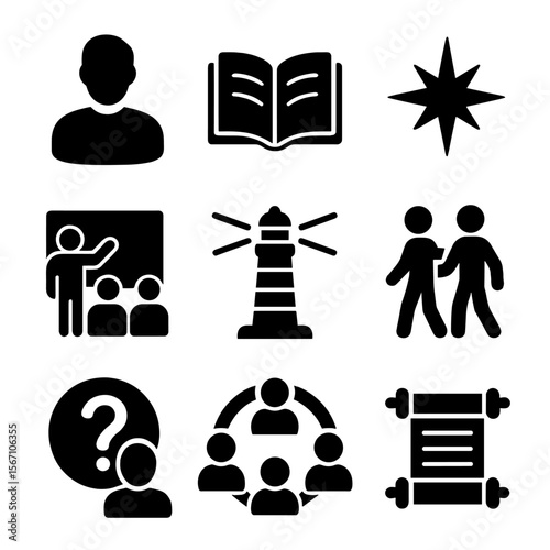 Spiritual Guidance Icons. Solid, filled icons set of spiritual guidance and mentors: mentor figure, open book,