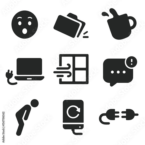 Spontaneous Workspace Icons. Solid, filled icons set of spontaneous workspace moments: surprised face, dropped