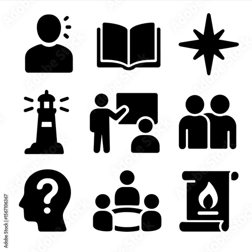 Spiritual Guidance Icons. Solid, filled icons set of spiritual guidance and mentors: mentor figure, open book,