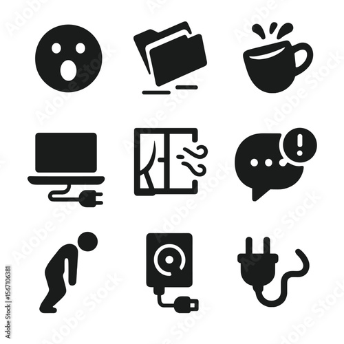 Spontaneous Workspace Icons. Solid, filled icons set of spontaneous workspace moments: surprised face, dropped