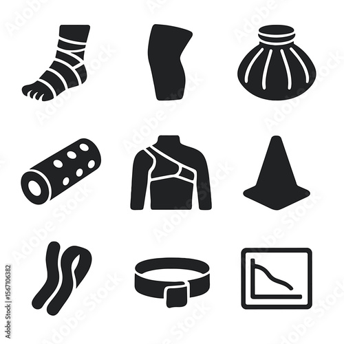 Sports Recovery Icons. Solid, filled icons set of sports injury recovery: ankle wrap, compression sleeve, ice