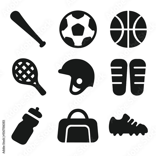 Sports Equipment Icons. Solid, filled icons set of sports equipment essentials: baseball bat, soccer ball,
