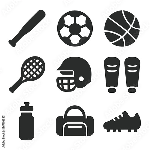 Sports Equipment Icons. Solid, filled icons set of sports equipment essentials: baseball bat, soccer ball,
