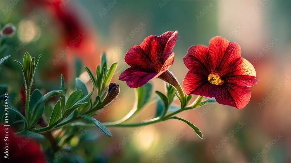 Obraz premium Vibrant red Calibrachoa flowers in soft focus, bathed in morning light. Nature's delicate beauty in a single bloom. 