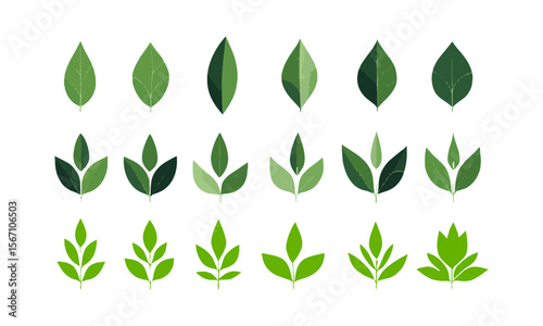 Modern vector illustration featuring a grid of various green leaf icons, Set of green leaf icons. Leaves of trees and plants, Elements design for natural, eco, bio, vegan labels, easily editable