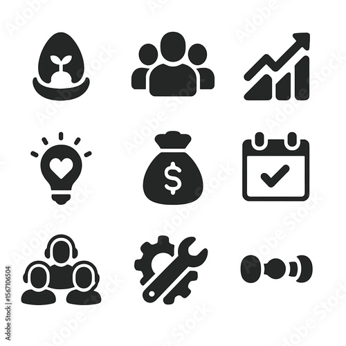Startup Health Icons. Solid, filled icons set of startup health accelerators: incubator icon, group mentorship