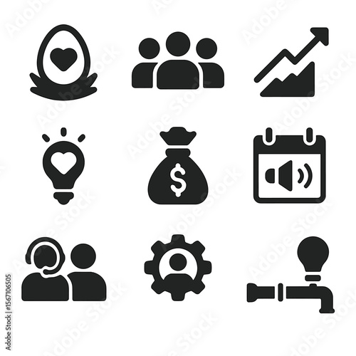 Startup Health Icons. Solid, filled icons set of startup health accelerators: incubator icon, group mentorship