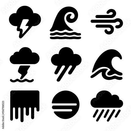Stormy Weather Icons. Solid, filled icons set of stormy coastal weather: dark cloud, lightning bolt, heavy