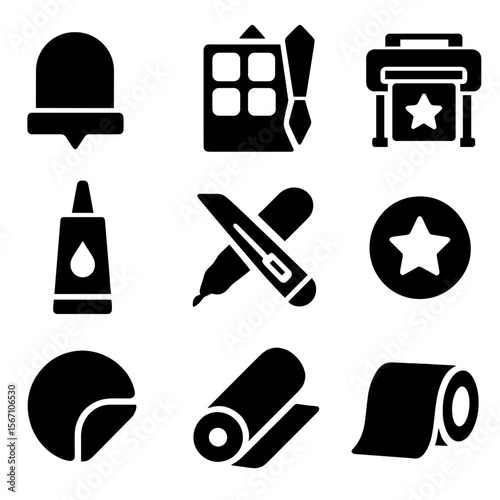 Sticker Design Icons. Solid, filled icons set of sticker manufacturing and design: die-cut blade, sticker