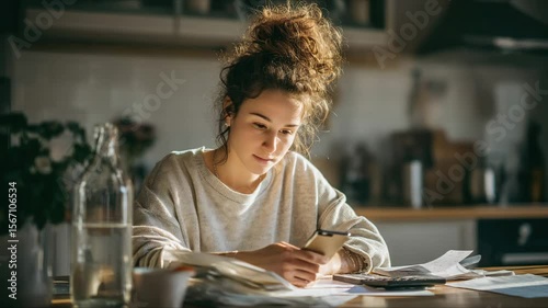 A woman carefully reviews her finances on her phone while at home, surrounded by bills.