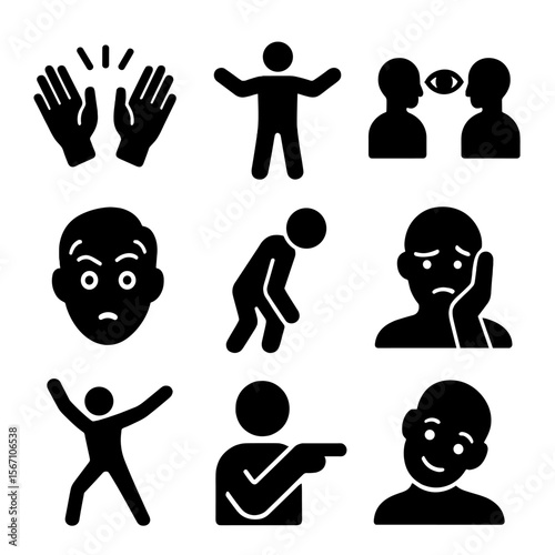 Storytelling Body Language Icons. Solid, filled icons set of body language in storytelling: expressive hands,