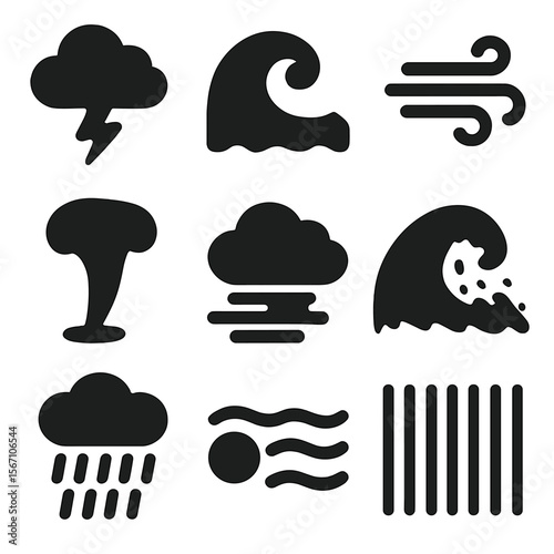 Stormy Weather Icons. Solid, filled icons set of stormy coastal weather: dark cloud, lightning bolt, heavy
