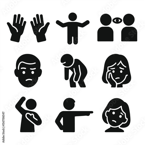 Storytelling Body Language Icons. Solid, filled icons set of body language in storytelling: expressive hands,