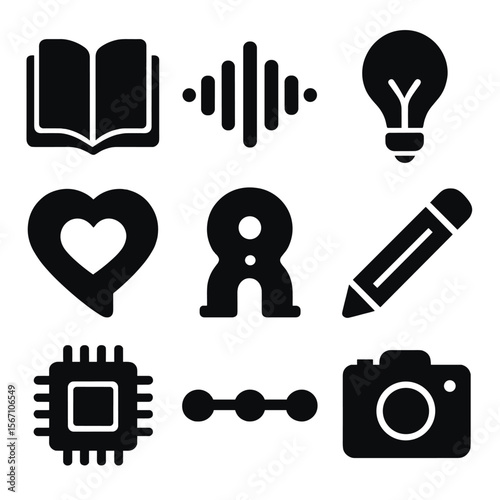 Storytelling Icon Set. Solid, filled icons set of storytelling in branding: open book, voice wave, lightbulb,