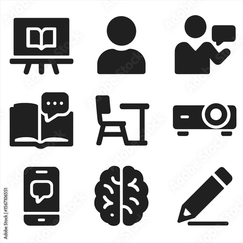 Storytelling Education Icons. Solid, filled icons set of storytelling in education: chalkboard, student,