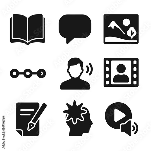 Storytelling Icons Grid. Solid, filled icons set of storytelling-driven marketing: open book, voice bubble,