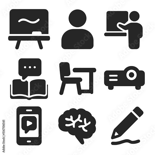 Storytelling Education Icons. Solid, filled icons set of storytelling in education: chalkboard, student,