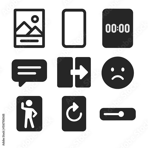 Storytelling Icons Grid. Solid, filled icons set of storytelling in vertical videos: scene sketch, vertical