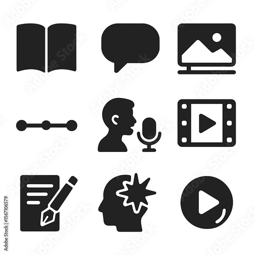 Storytelling Icons Grid. Solid, filled icons set of storytelling-driven marketing: open book, voice bubble,