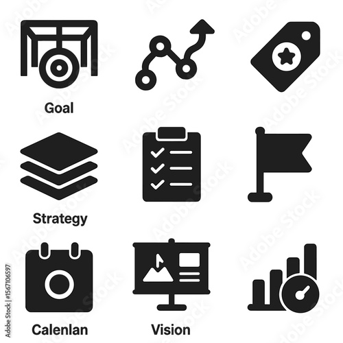 Strategic Planning Icons. Solid, filled icons set of goal-setting and strategic planning: goalpost icon,