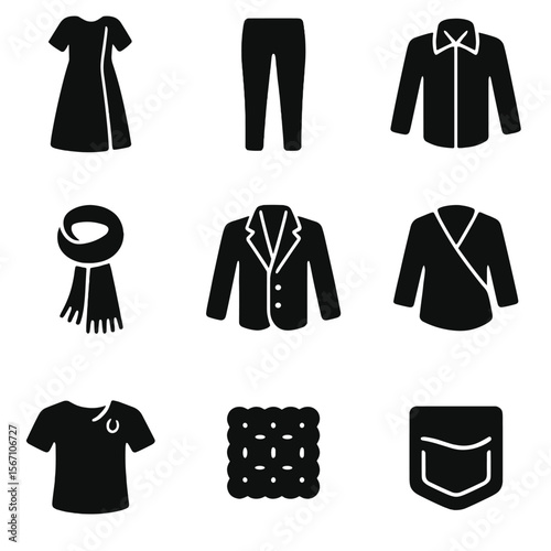 Stylish Adaptive Wear Icons. Solid, filled icons set of stylish adaptive wear for adults: dress with side