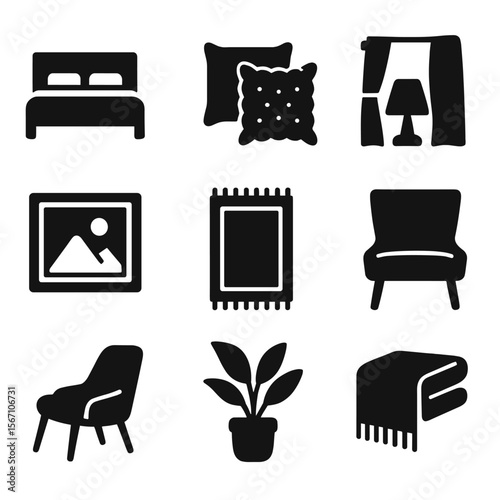 Stylish Bedroom Decor Icons. Solid, filled icons set of upgrading your bedroom with stylish decor: bed frame,